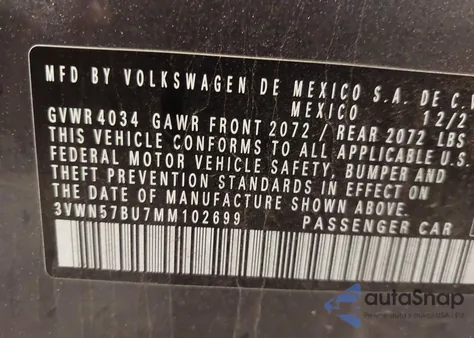 2021 Volkswagen Jetta 1.4T R-Line/1.4T S из США, поврежденный, VIN 3VWN57BU7MM102699